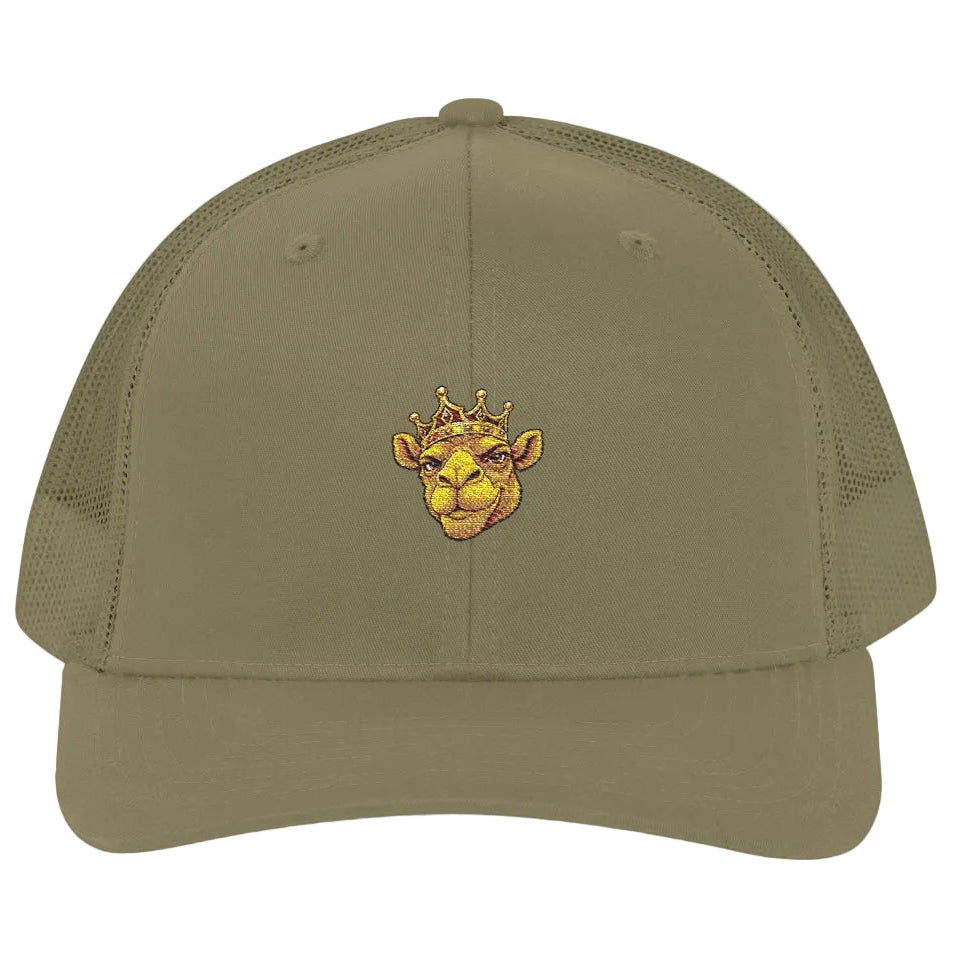 Loden cap with yellow graphics and text on a white background