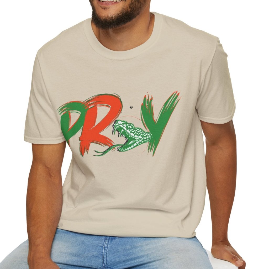man wearing orange and green t-shirt