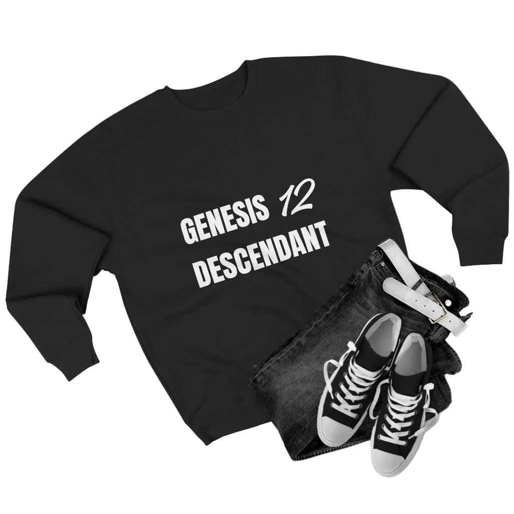 Black sweatshirt with graphic design, black jeans, and black sneakers on a light gray background
