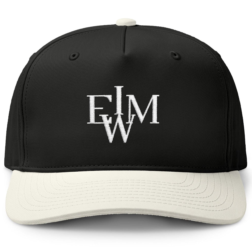 Black/cream monogramed IEWM two toned hat on white background