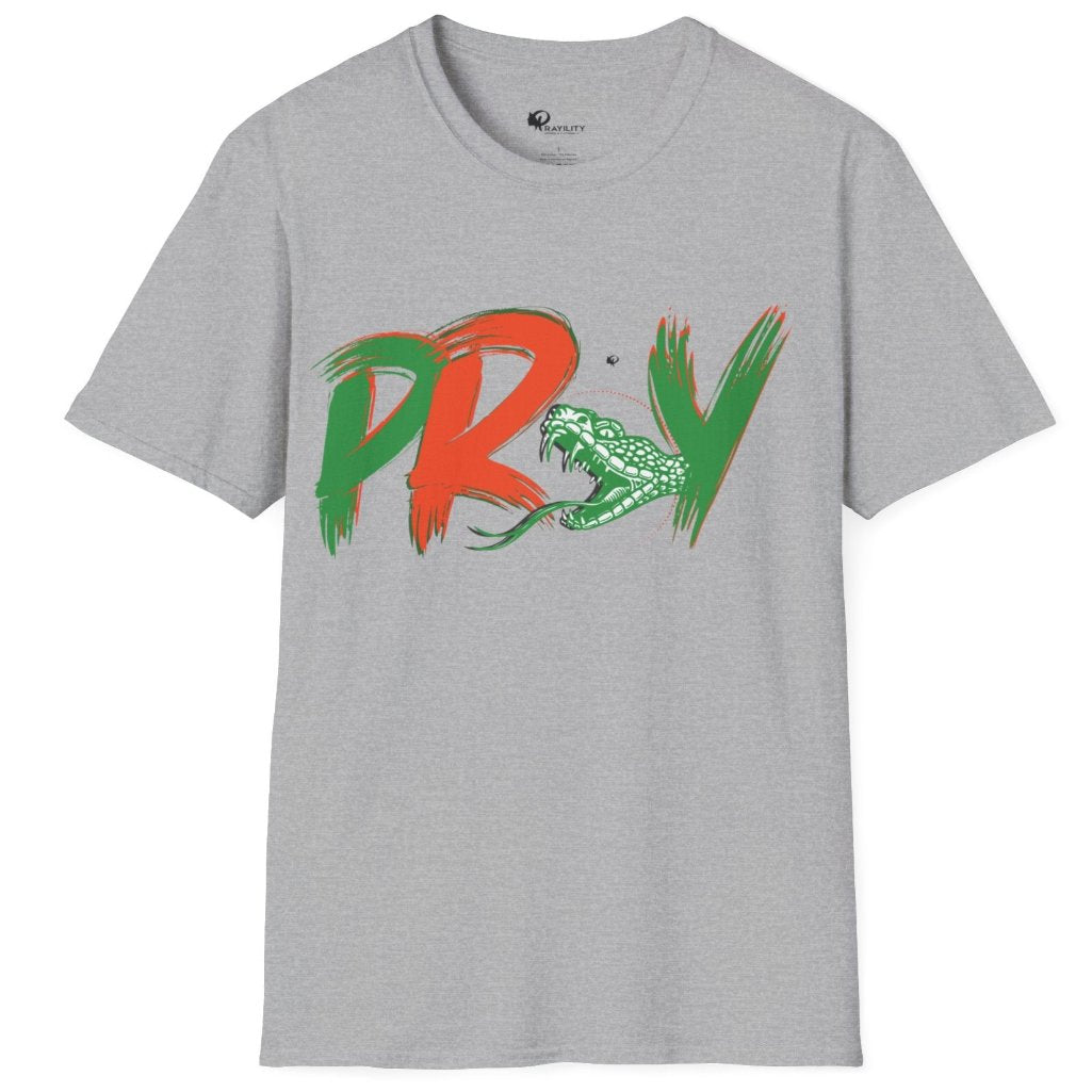 sport grey t-shirt with orange and green design