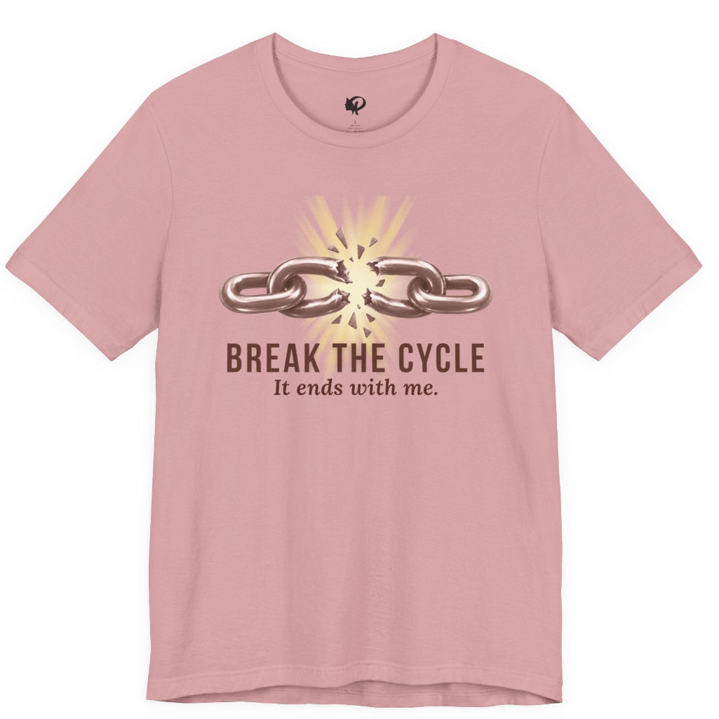 A orchid pink short-sleeve t-shirt with a graphic on the front showing a broken chain with a burst of light and the text 'BREAK THE CYCLE It ends with me.'.