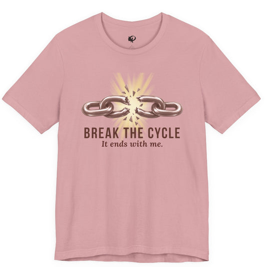 A orchid pink short-sleeve t-shirt with a graphic on the front showing a broken chain with a burst of light and the text 'BREAK THE CYCLE It ends with me.'.