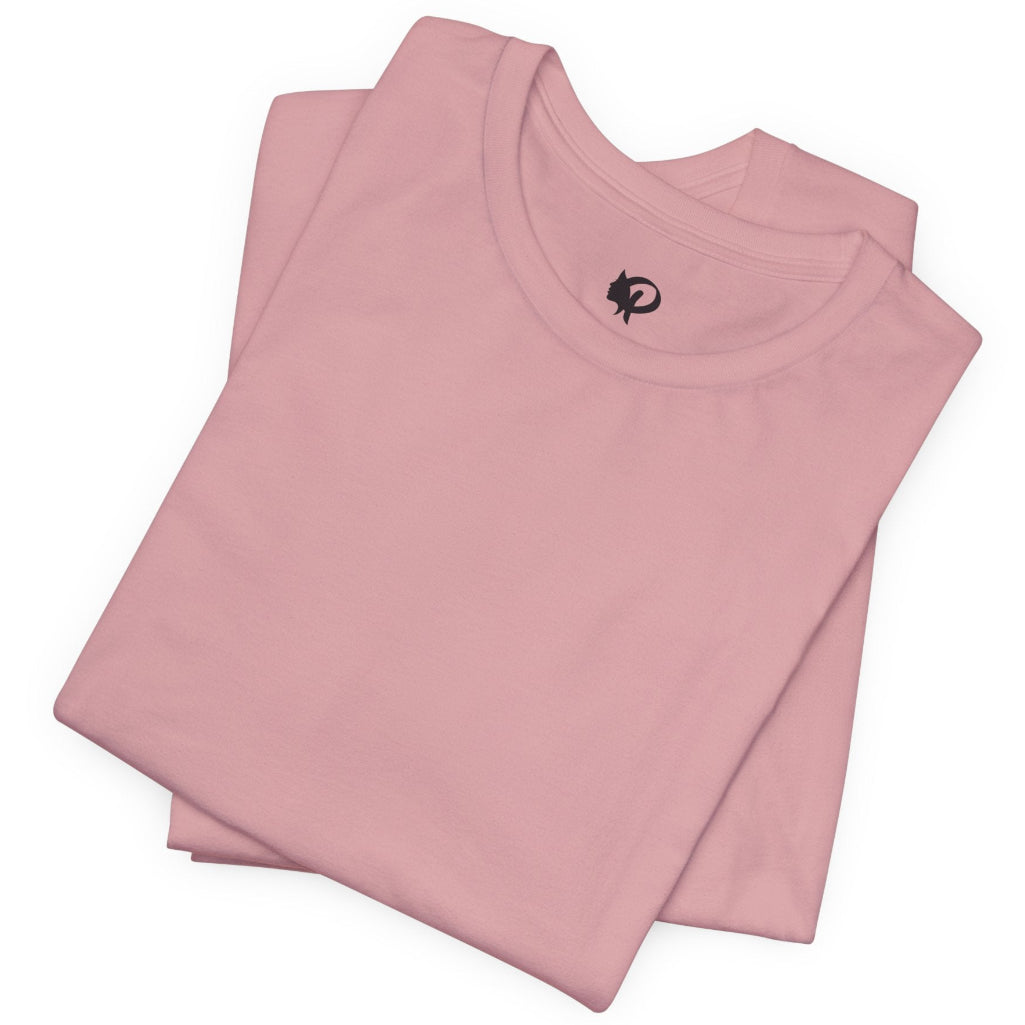 Folded orchid t-shirt with a small logo on a white background