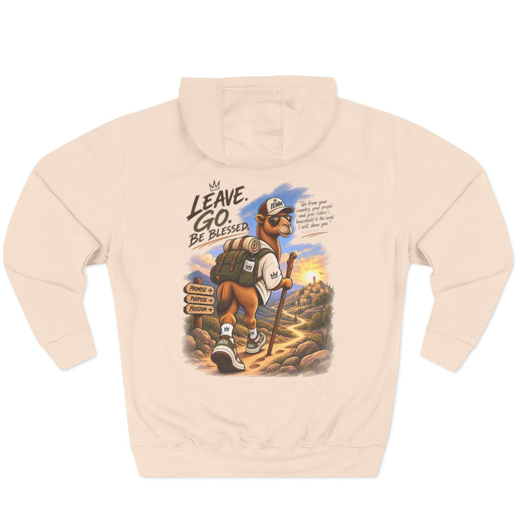 Back of a pale pink hoodie camel hiker carrying a brown staff on a white background