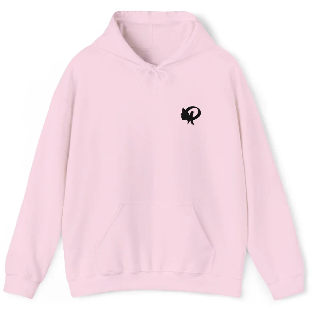 A light pink pullover hoodie with a small Prayility logo on the left chest, displayed on a clean white background.