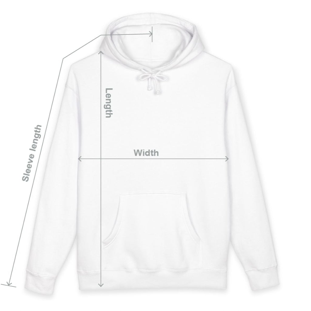 White hoodie with size chart measurements on a white background