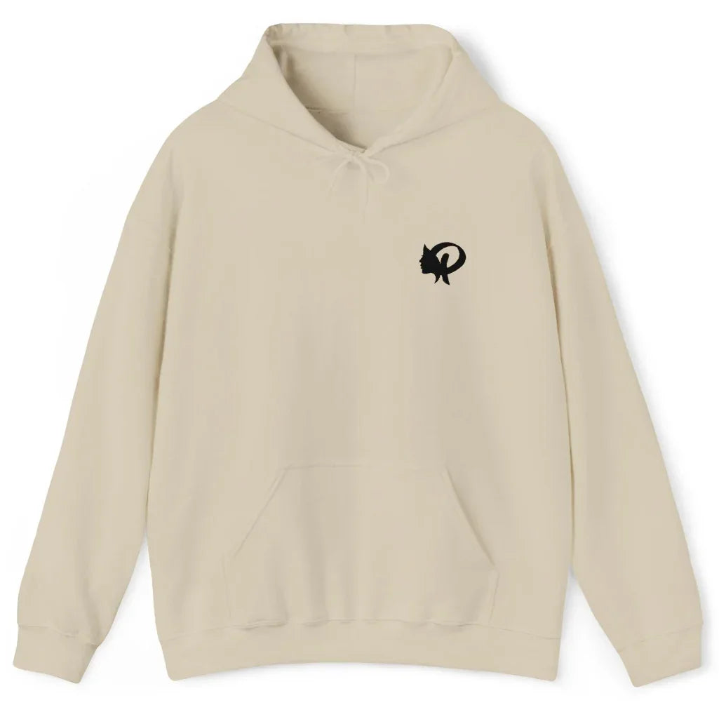 Beige hoodie with a logo on the chest against a white background