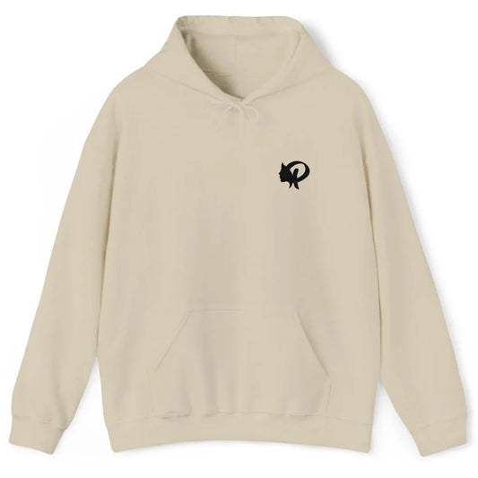 Beige hoodie with a logo on the chest against a white background