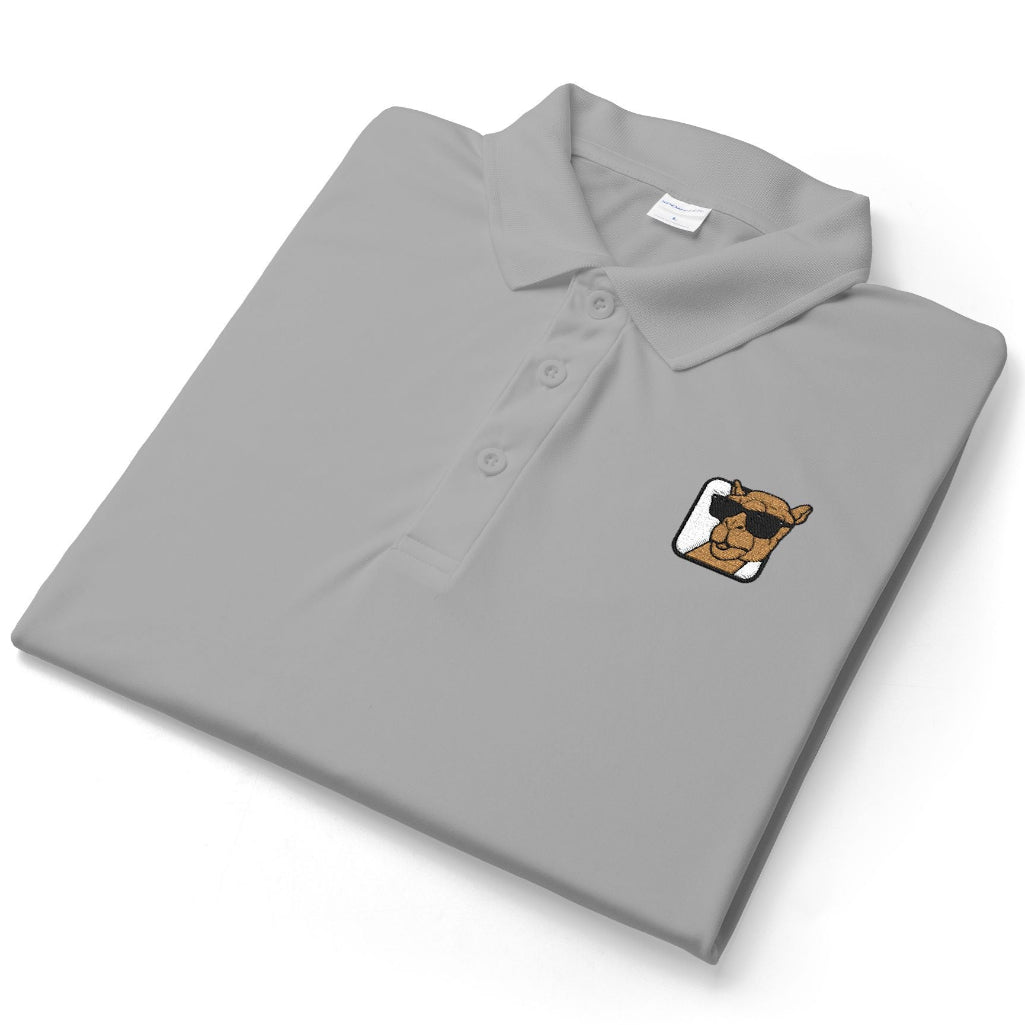 Folded gray polo shirt with camel graphic on a white background