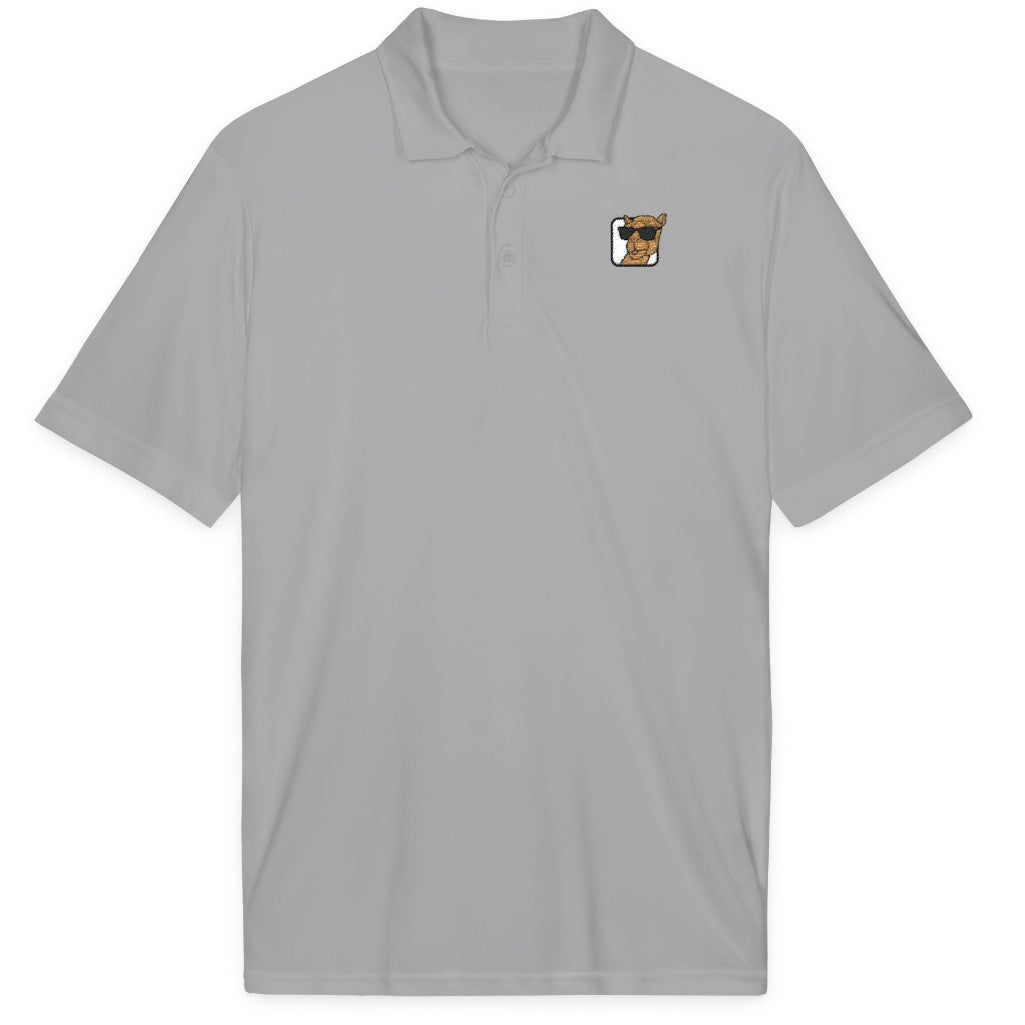 A light gray short-sleeve polo shirt with a small graphic of a camel wearing sunglasses on the chest, displayed on a solid white background.