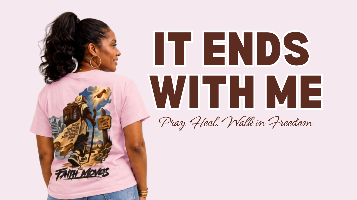 A woman shown from the back wearing a light pink graphic t-shirt with the text 'IT ENDS WITH ME' and 'Pray. Heal. Walk in Freedom