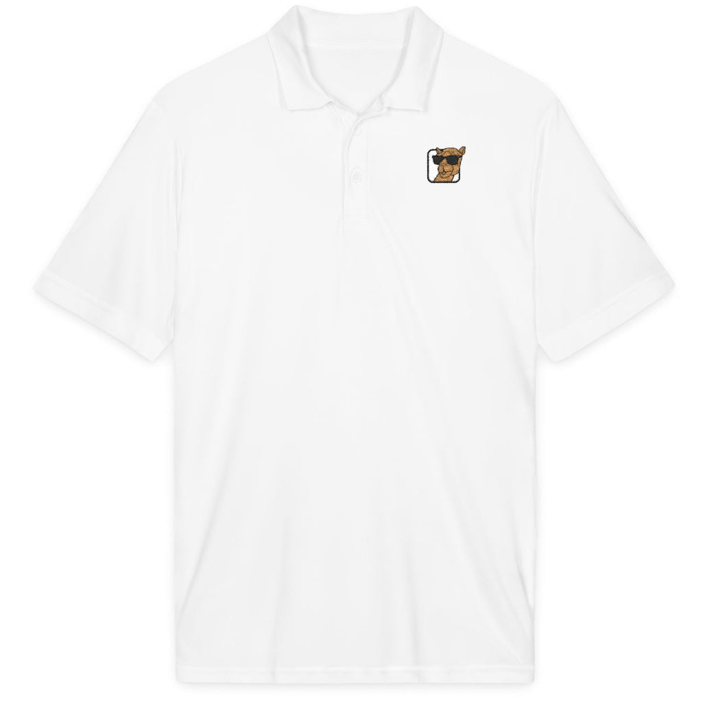 White t-shirt with a small camel logo on a white background