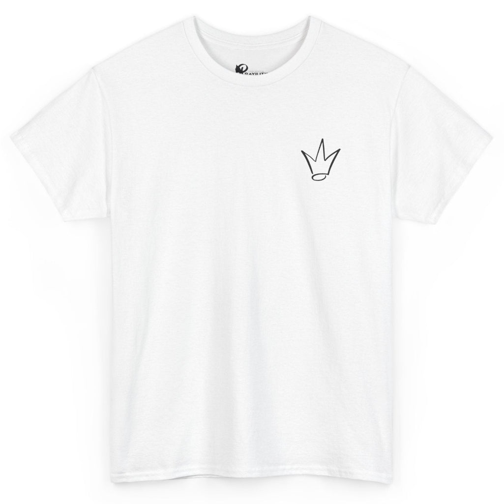 A white short-sleeve crewneck t-shirt with a small black line-art crown graphic on the left chest, displayed against a solid white background.