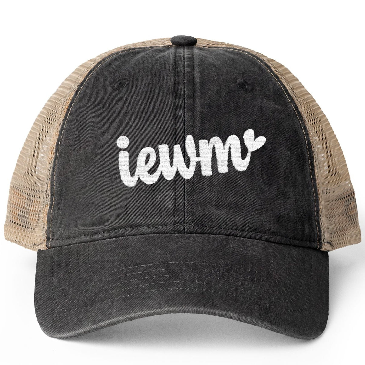 A black washed trucker hat with beige mesh back panels and white embroidered text reading 'iewm' on the front, shown against a plain white background.