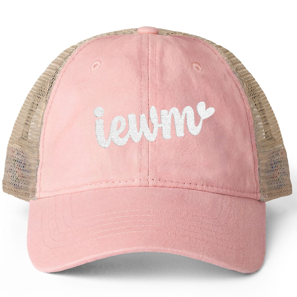 Pink cap with 'iewm' text on a white background