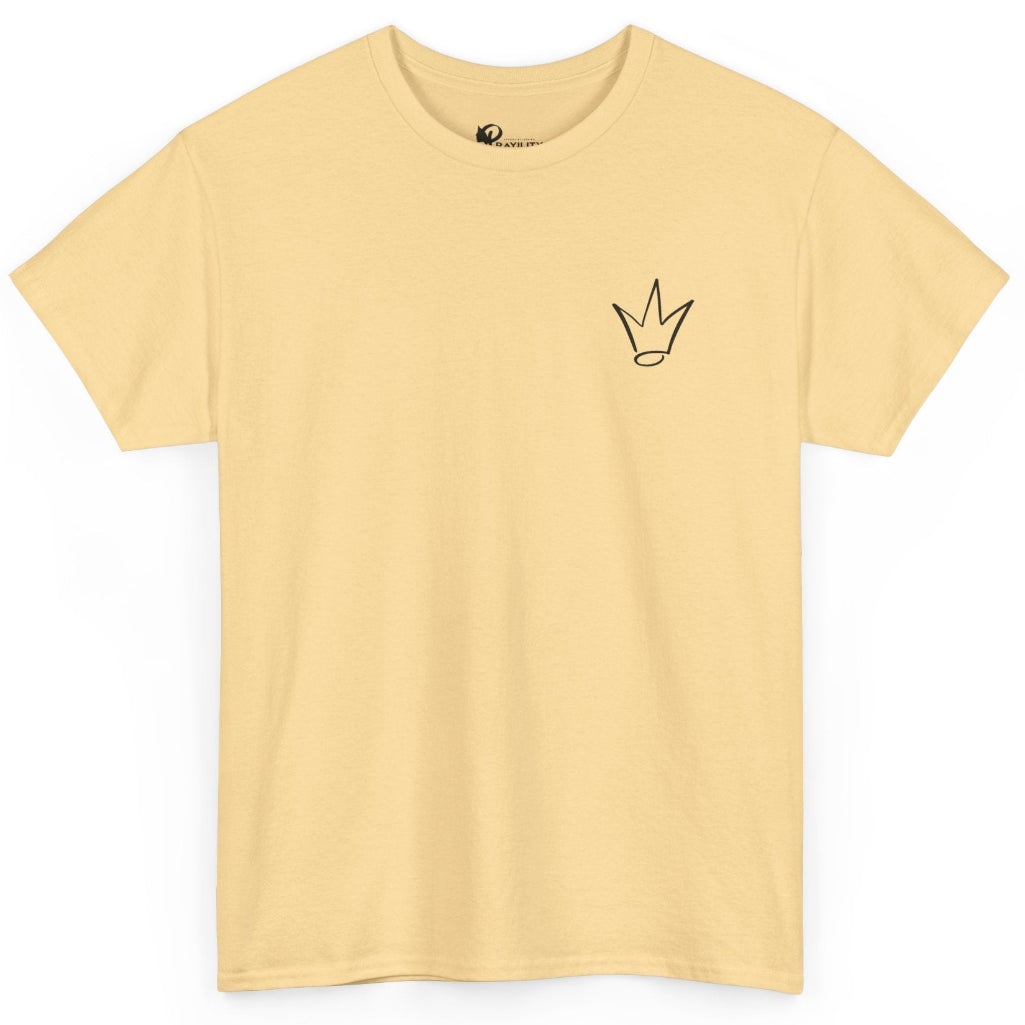 A pale yellow short-sleeve crewneck t-shirt with a small black line-art crown graphic on the left chest, displayed on a clean white background.