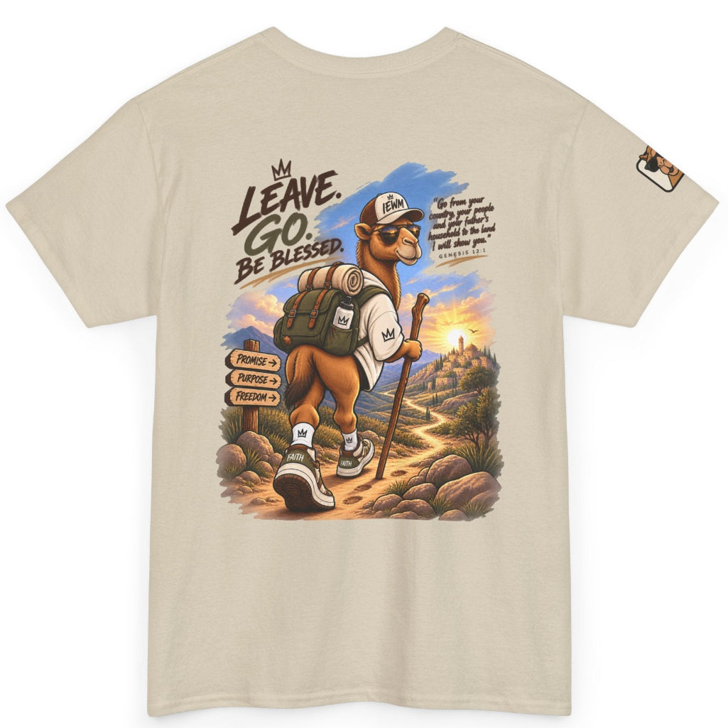 A beige crewneck t-shirt with a large graphic print on the back showing a camel hiker with the text 'LEAVE. GO.