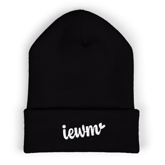 A black knit beanie with a folded cuff featuring the white text 'iewm' printed on the front, shown against a plain white background.
