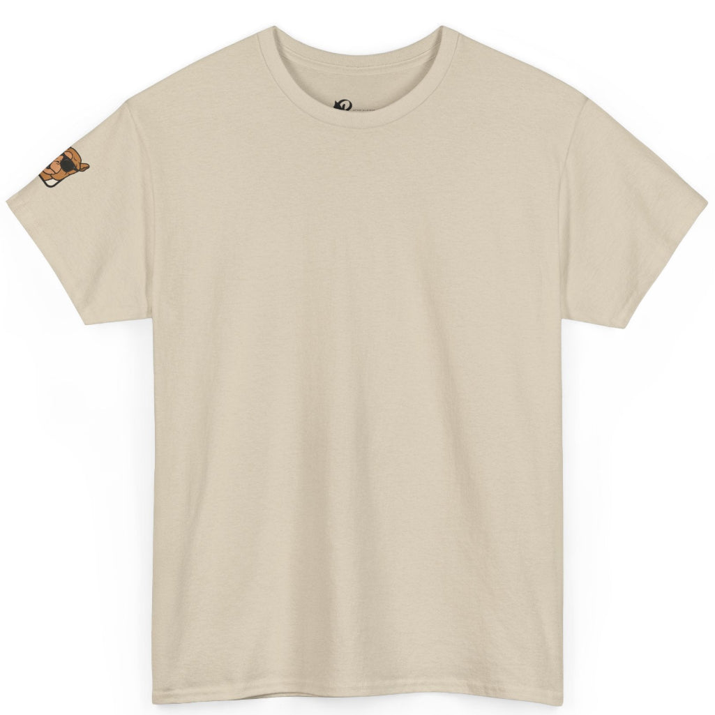 Beige t-shirt with camel patch on sleeve on a white background