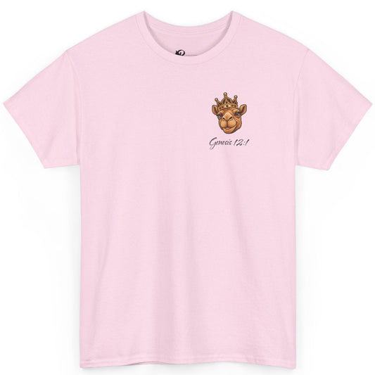 A light pink short-sleeve crewneck t-shirt with a small graphic on the left chest showing a crowned camel, the text 'Genesis 12:1.' underneath, displayed on a clean white background.